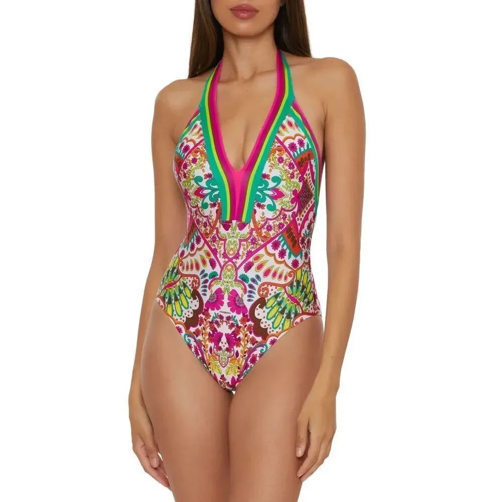 Trina Turk Women's Tiki One Piece Plunge Neck Floral Print with Adjustable Tie B
